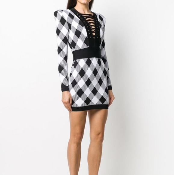 Balmain Gingham Jacquard Long Sleeve Dress - Picture 2 of 14
